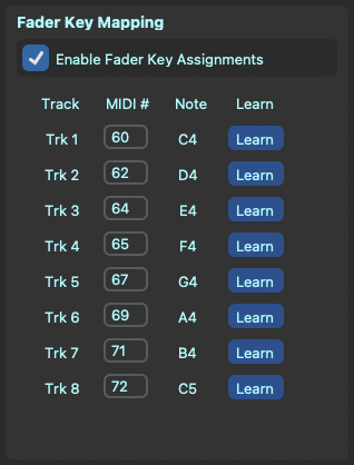 Fader key assignments in the Key Mapping tab