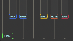Keyboard diagram crop showing Pan, Solo, Mute, Arm, and Fine Mode keys