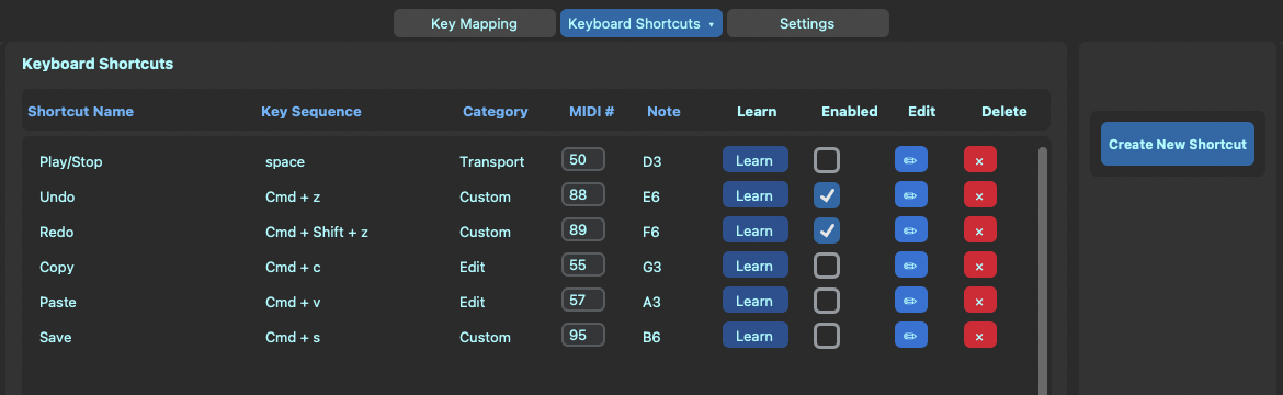 Keyboard Shortcuts tab overview