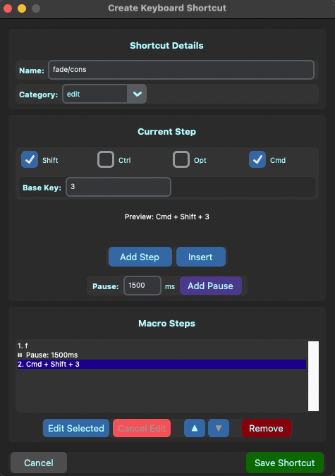 Create Keyboard Shortcut dialog