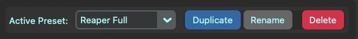 Preset selector with Duplicate, Rename, and Delete controls
