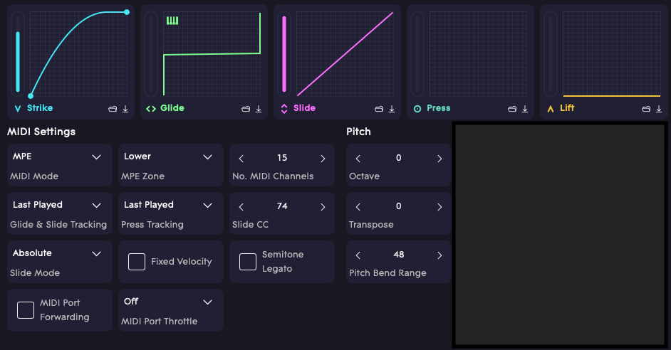 ROLI Dashboard MPE and MIDI settings